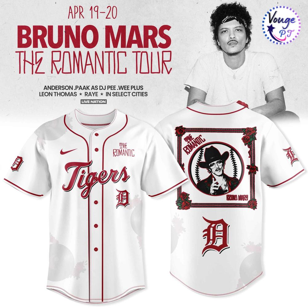 Detroit Tigers x Bruno Mars – The Romantic Tour 2026 Baseball Jersey