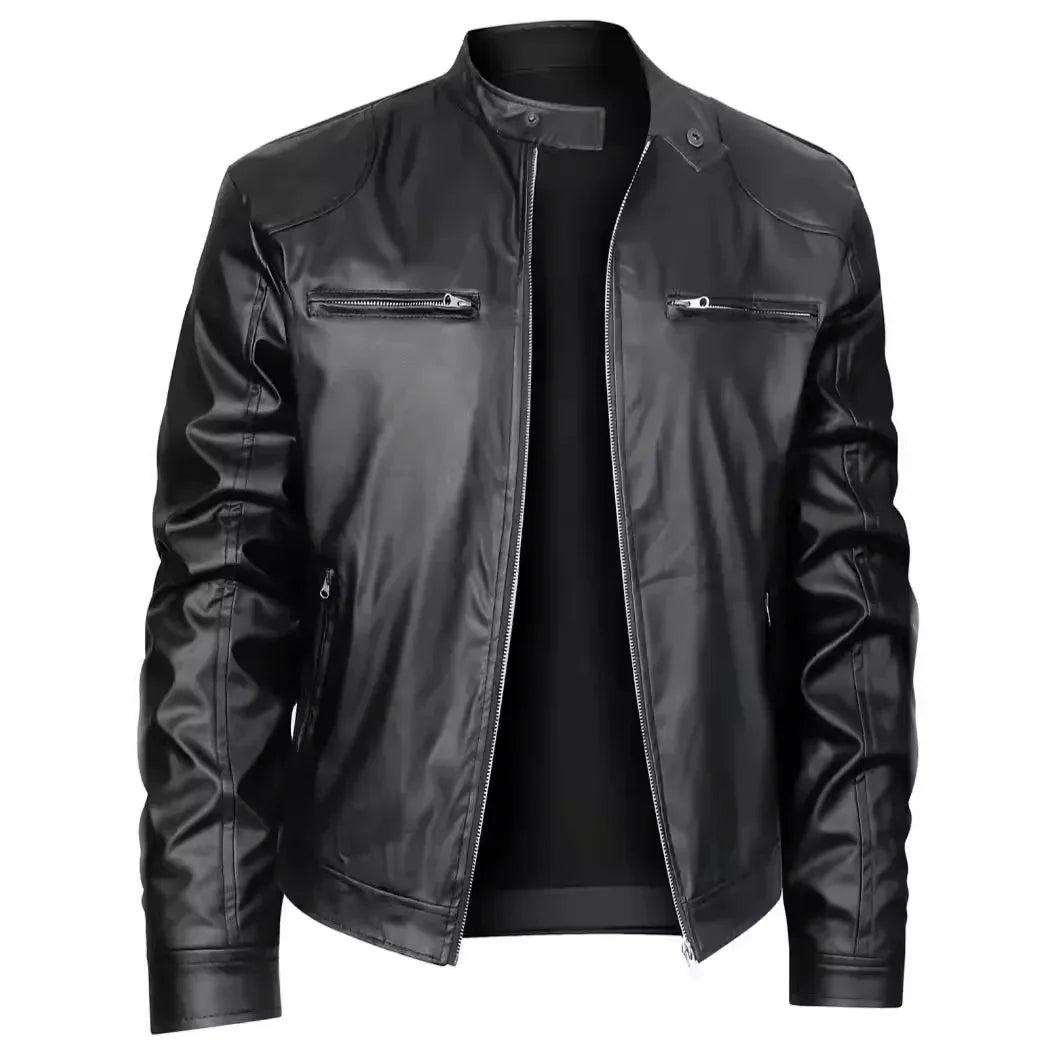 Mens High-quality Locomotive Leather Jacket Fashion Stand-up Collar Punk Leather Jacket Men